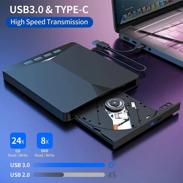 7 em 1 USB 3.0 Tipo C Externo CD DVD RW Unidade Óptica Gravador de DVD Leitor Player Super Unidade Óptica Para PC Laptop Notebook - Image 3