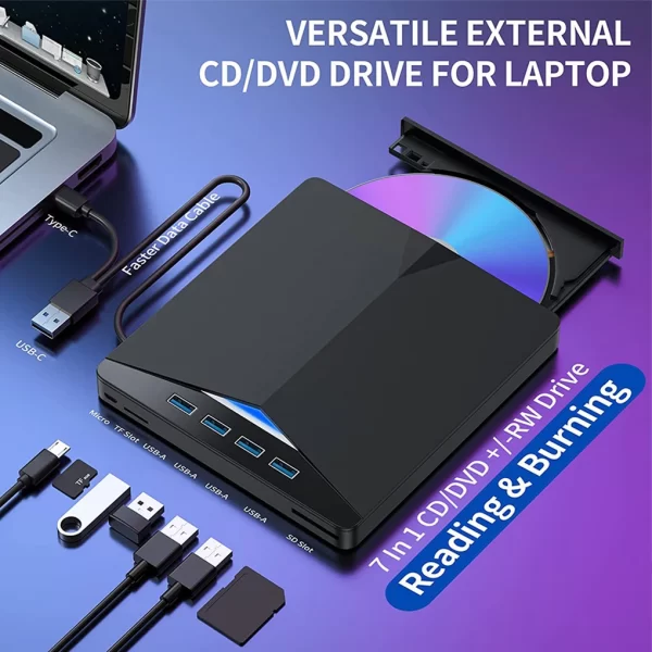 7 em 1 USB 3.0 Tipo C Externo CD DVD RW Unidade Óptica Gravador de DVD Leitor Player Super Unidade Óptica Para PC Laptop Notebook - Image 2